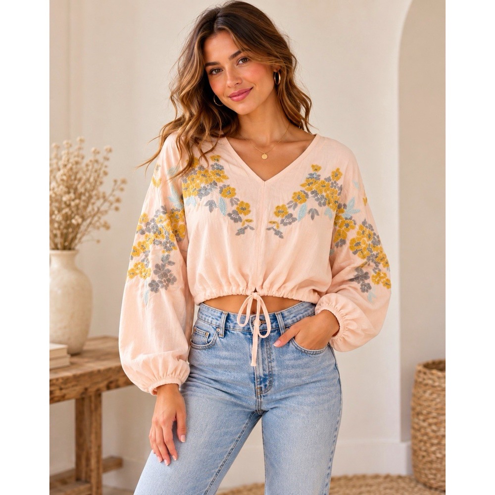 XCVI Women's S Pink Floral V-Neck Peasant Blouse Puff Sleeve Embroidered